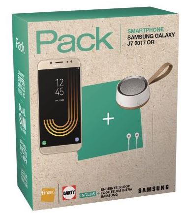 Pack Fnac Smartphone Galaxy J7 2017 Double SIM 16 Go Or + Enceinte Scoop + Ecouteurs intra-auriculaires