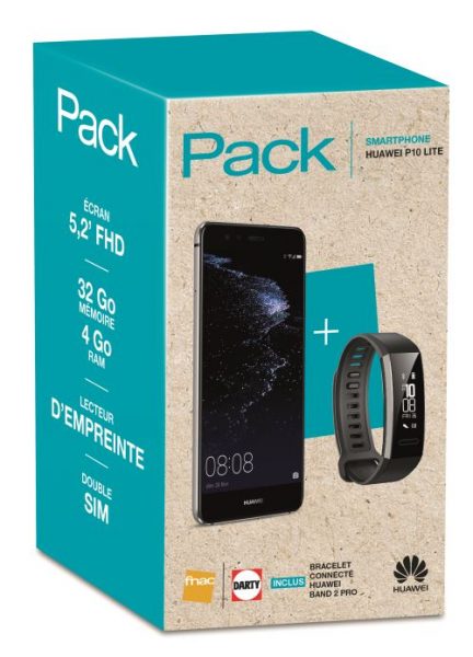 Pack Fnac Smartphone Huawei P10 Lite Double SIM 32 Go Argent Bracelet connecté Band 2 Pro Noir