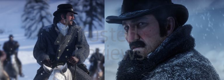 Dutch Van Der Linde de Red Dead Redemption 2 - à gauche, l'image de Trusted Reviews, à droite, celle de Rockstar Games Dutch Van Der Linde de Red Dead Redemption 2 - à gauche, l'image de Trusted Reviews, à droite, celle de Rockstar Games