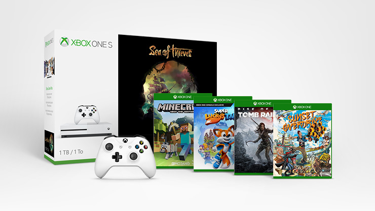Xbox One S 1 To, Sea of Thieves, Minecraft, Super Lucky's Tale, Rise of the Tomb Raider et Sunset Overdrive Bon plan : Xbox One S 1 To + Sea of Thieves + 4 autres jeux + une deuxième manette à 299 €