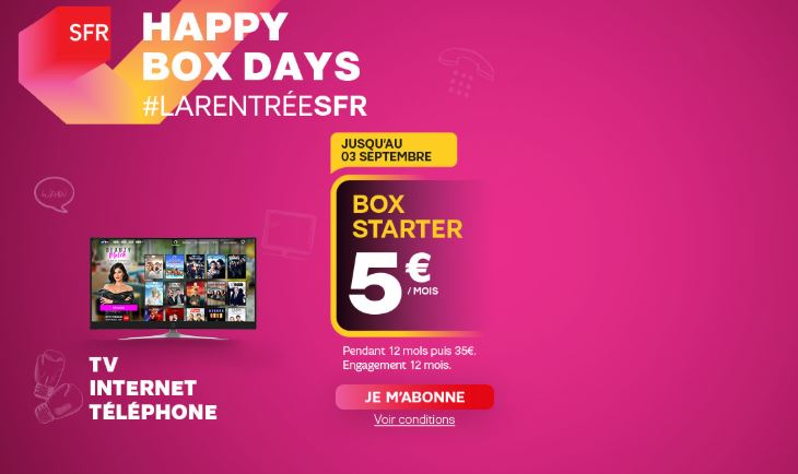 Grosses promotions sur les Box Starter ADSL et Fibre de SFR Happy Box Days : SFR Box Starter ADSL à 5 euros et Fibre à 9 euros !