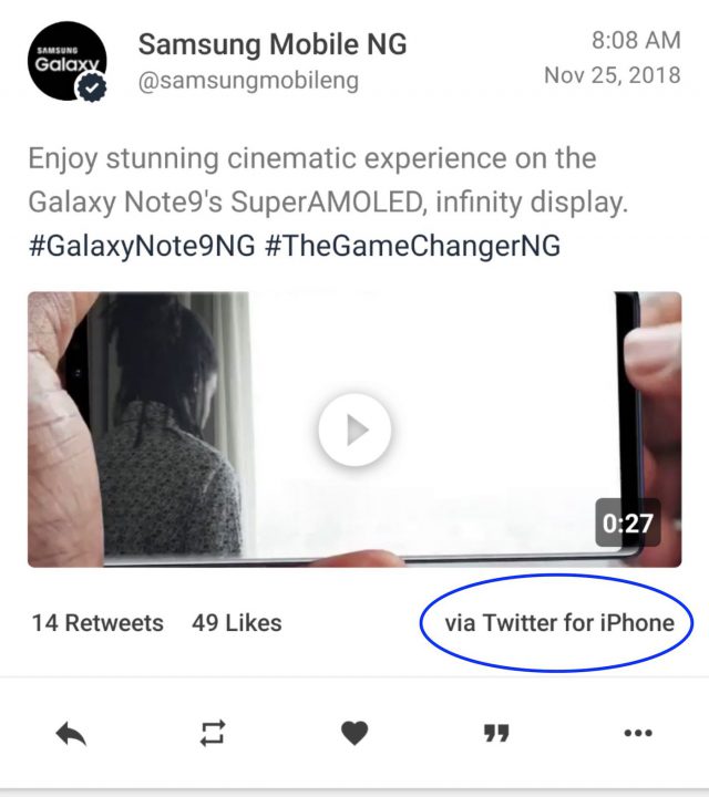 Insolite : le compte nigérien de Samsung utilise un iPhone pour vanter la qualité de l’écran du Galaxy Note 9 Insolite : le compte nigérien de Samsung utilise un iPhone pour vanter la qualité de l’écran du Galaxy Note 9