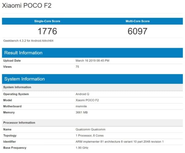 Le Pocophone F2 apparaît sur Geekbench !